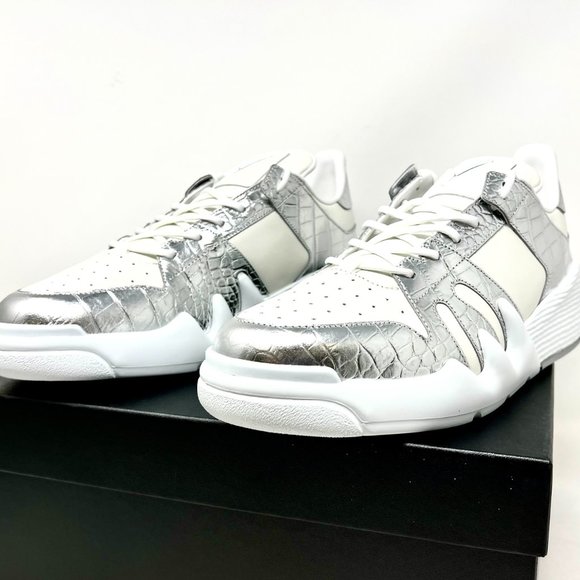 GIUSEPPE ZANOTTI Birel Vague Bianco White & Silver Croc Leather Mens Sneakers
